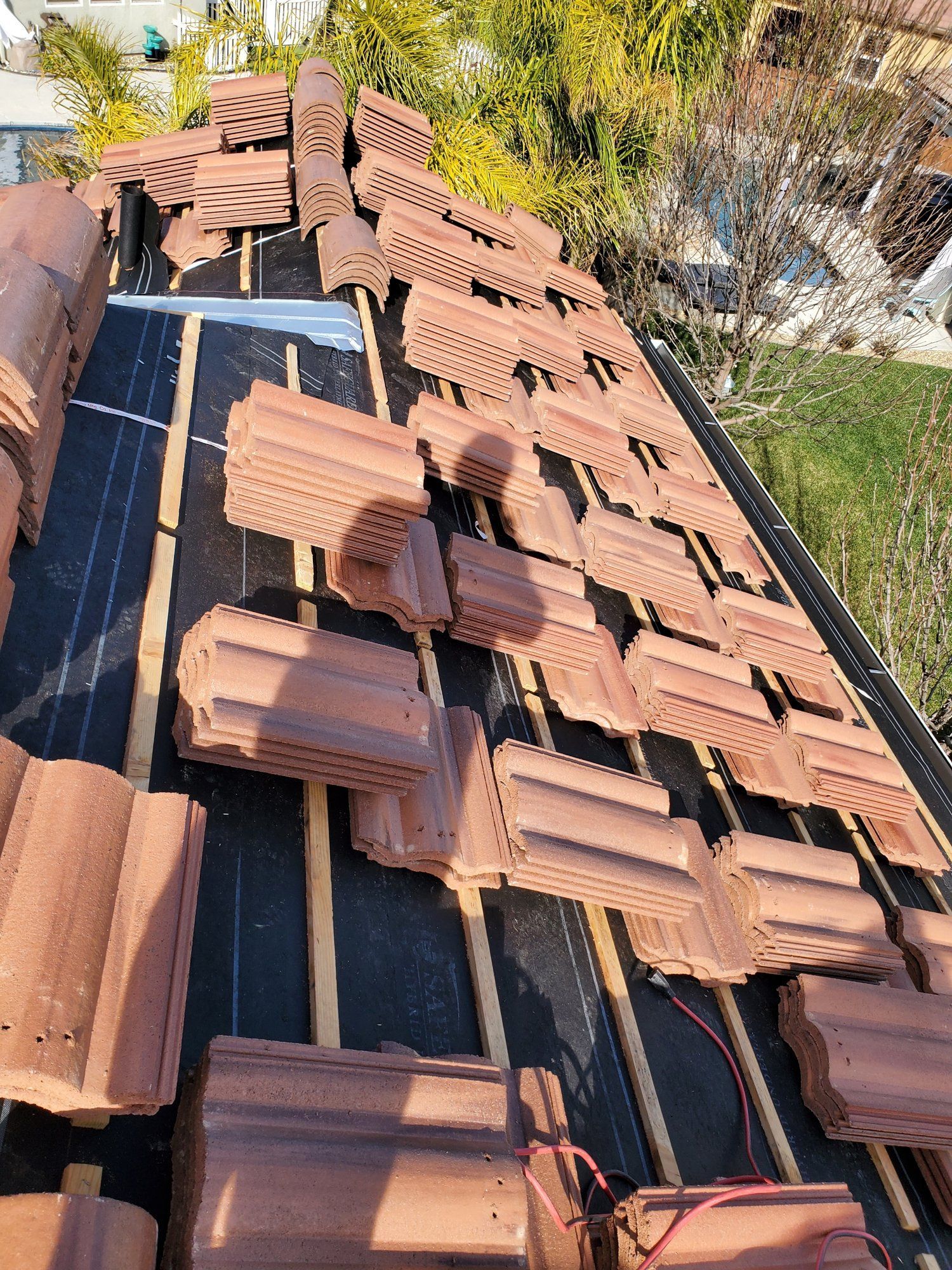 A roof with a lot of bricks on it