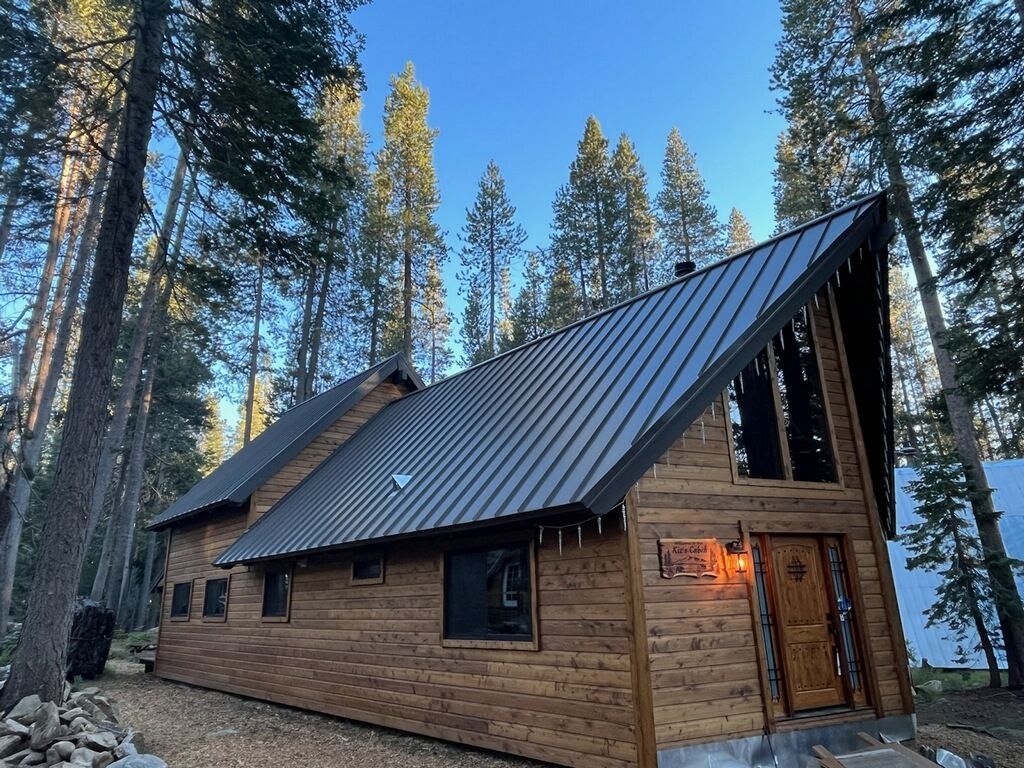 A log cabin with a metal roof is surrounded by trees.