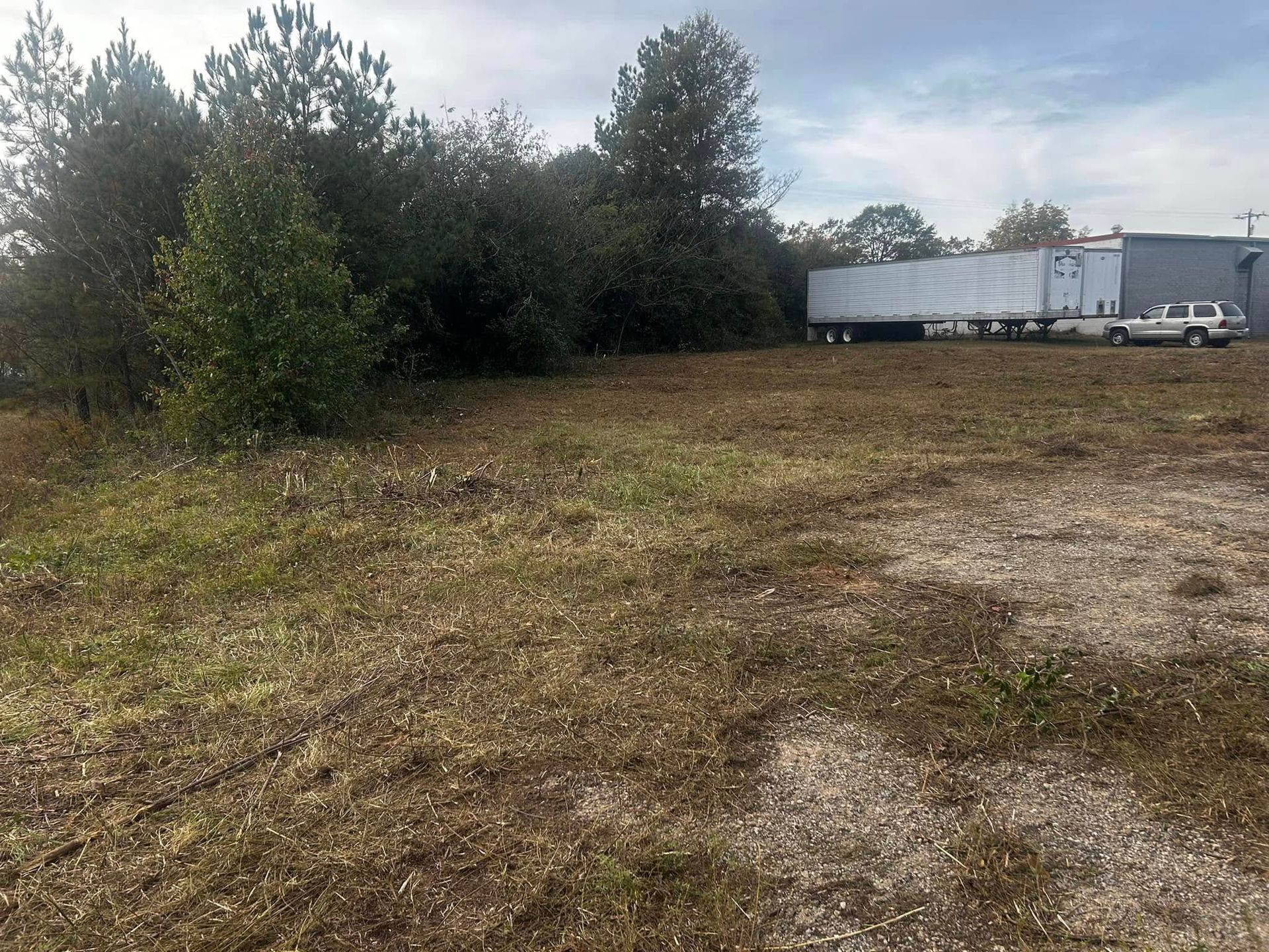 Grassy field with shrubs, a building, and a trailer under a cloudy sky.