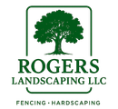 Logo for Rogers Landscaping: Green tree inside a square, company name, and services listed below.