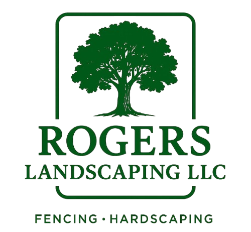Logo for Rogers Landscaping: Green tree inside a square, company name, and services listed below.