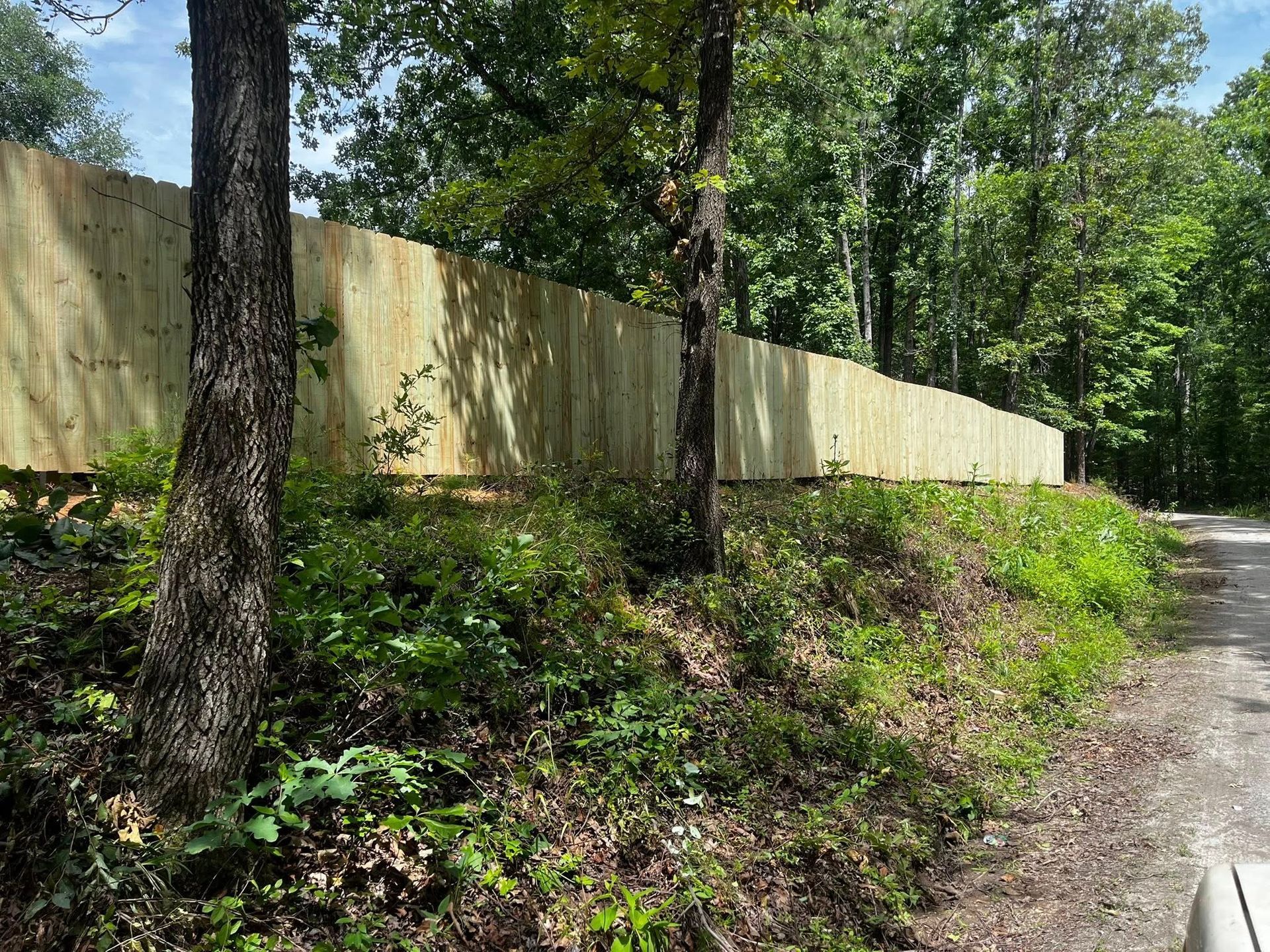 A new wooden fence borders a grassy hill, flanked by trees in a wooded area.