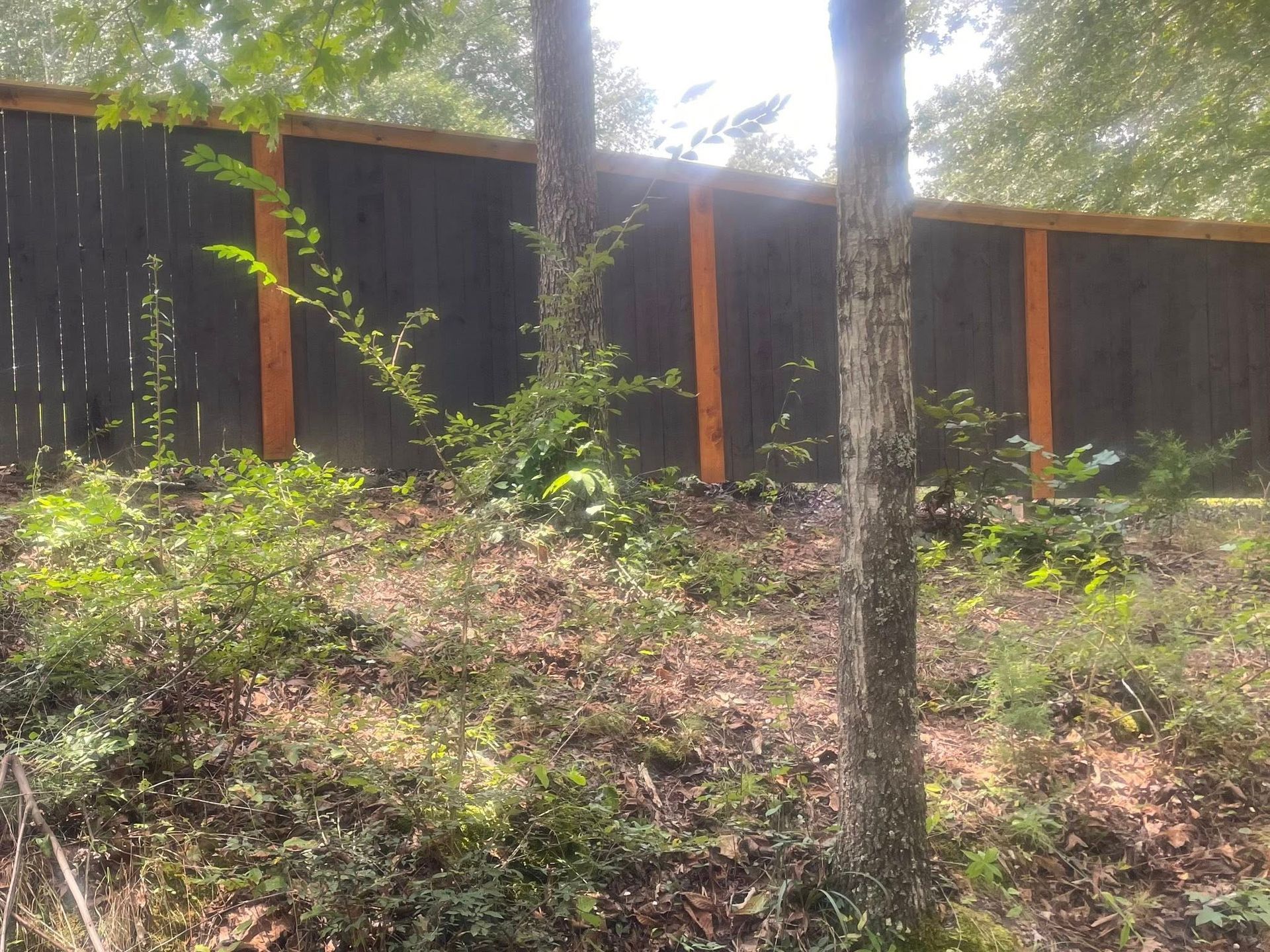 Dark wood fence with orange posts behind a grassy hillside and trees.