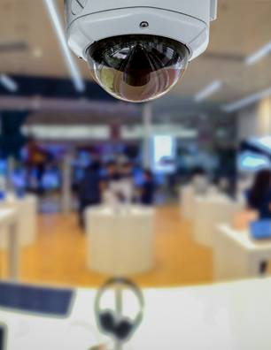Security camera on ceiling of retail space