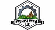 Ironworks Lawnsapes LLC logo with gear, grass, and a landscaper on a white background