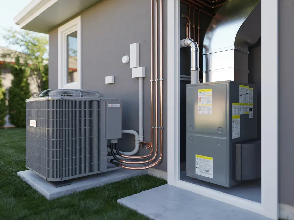 An air conditioning unit and furnace installed outside a home. Copper pipes are visible.