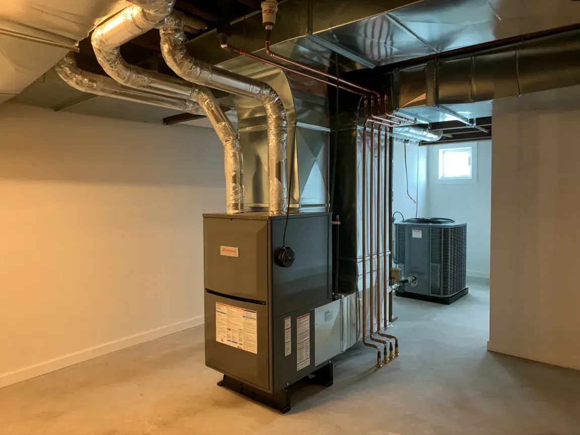 Furnace and HVAC system in a basement. Ductwork and copper pipes visible.