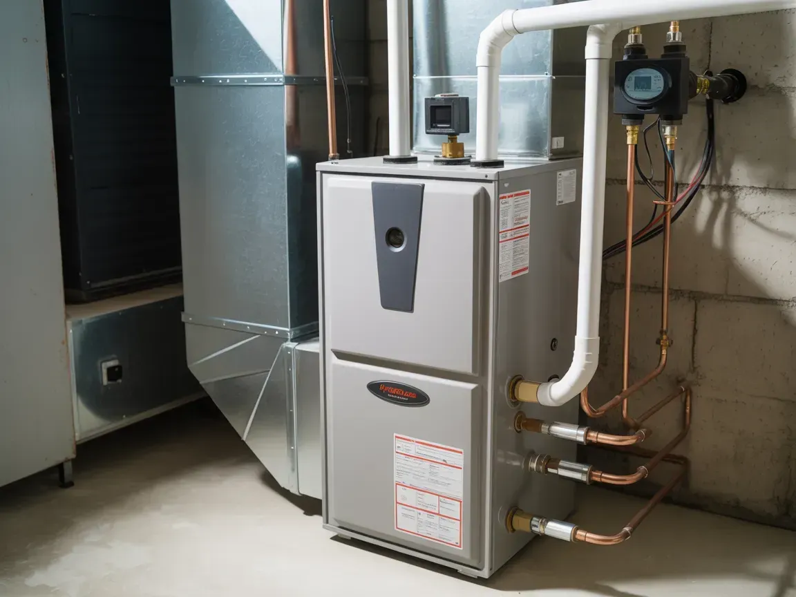 Furnace in a basement with ductwork and copper pipes.