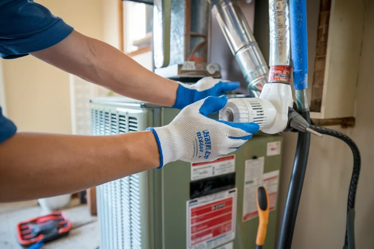 A man wearing blue gloves is working on an air conditioner.