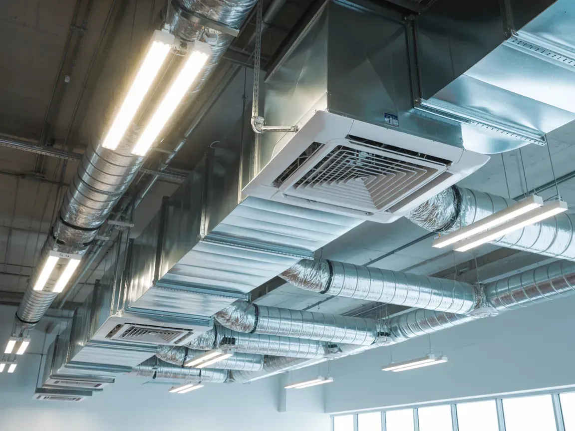 HVAC system in a commercial space, showing metallic ducts and ceiling-mounted air conditioning units, with fluorescent lighting.