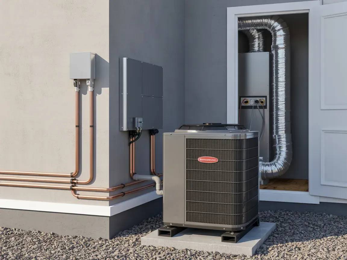 Outdoor HVAC unit with copper pipes and electrical box on a building's exterior.