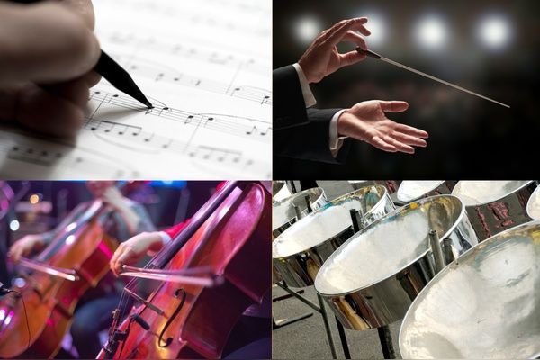 A collage showing musical activities: composing, conducting, playing a cello, and performing on steel drums.