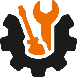 A wrench and a screwdriver are on a gear.