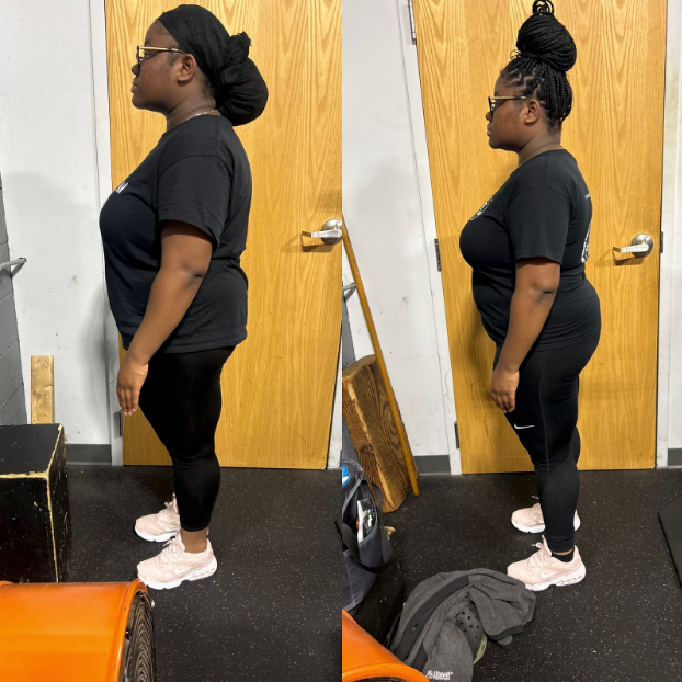 Two pictures of a woman standing in front of a door