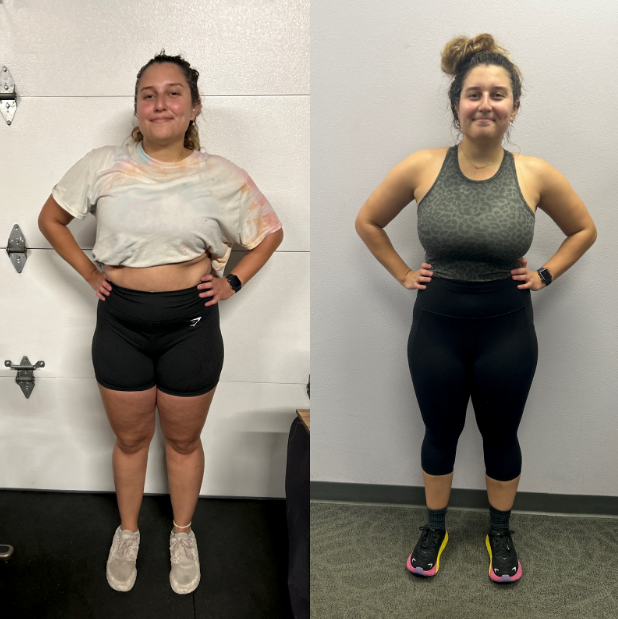 A before and after photo of a woman in a crop top and shorts