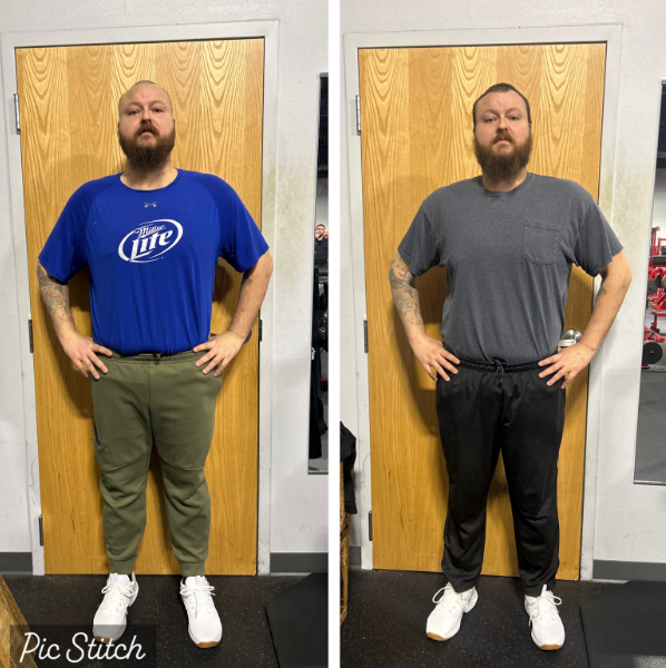 A man wearing a miller lite shirt is standing in front of a door
