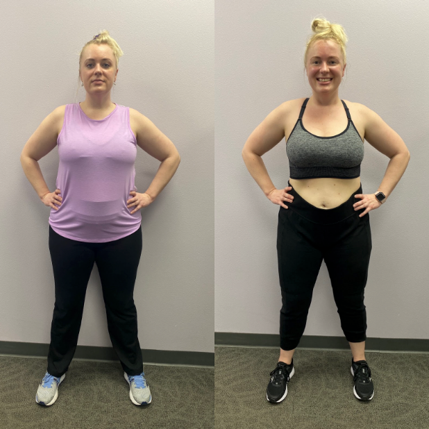 A before and after photo of a woman in a purple tank top and black pants