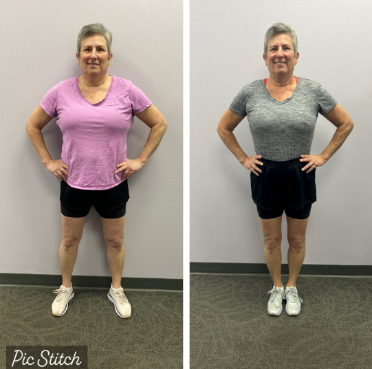 A before and after photo of a woman standing with her hands on her hips