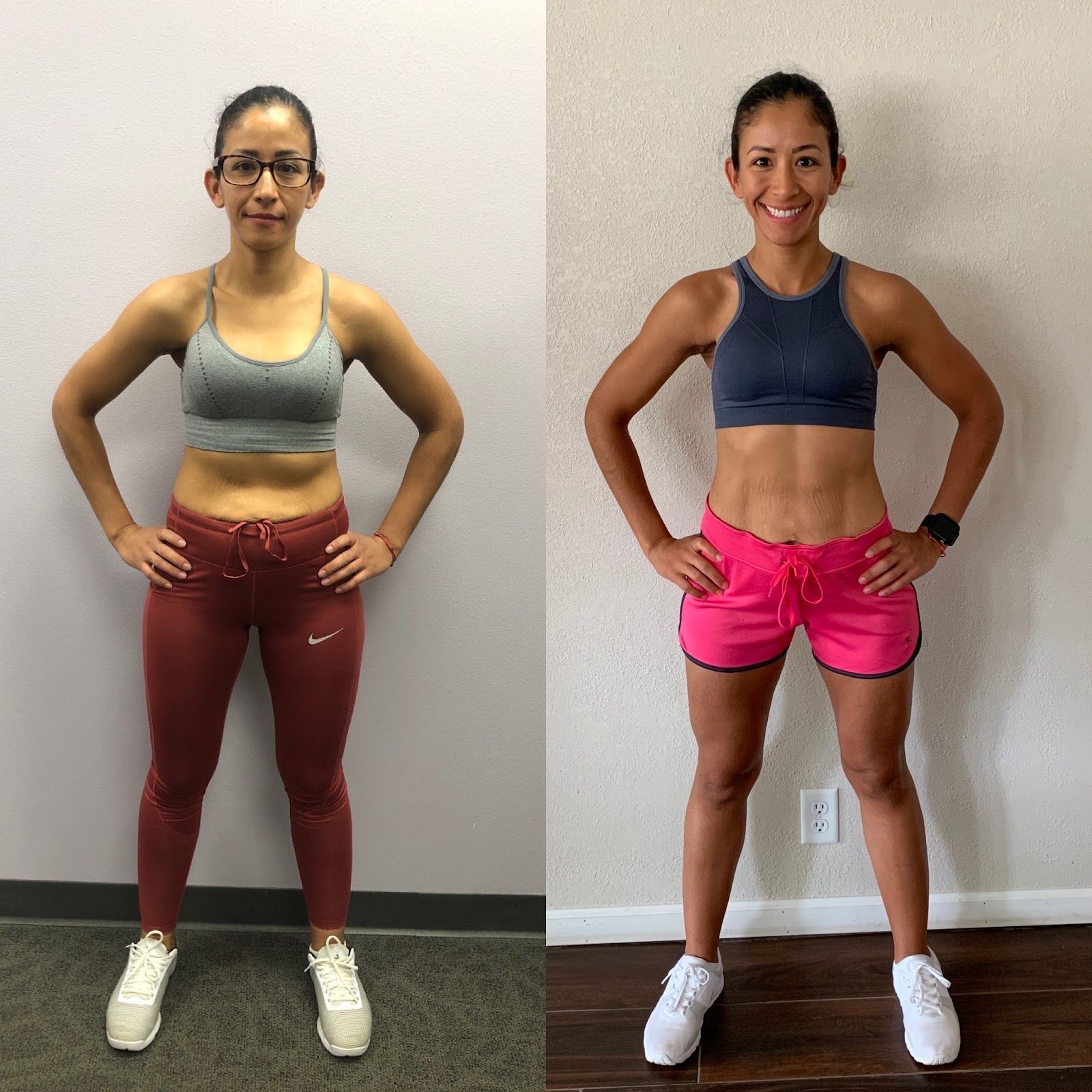 A before and after photo of a woman standing with her hands on her hips