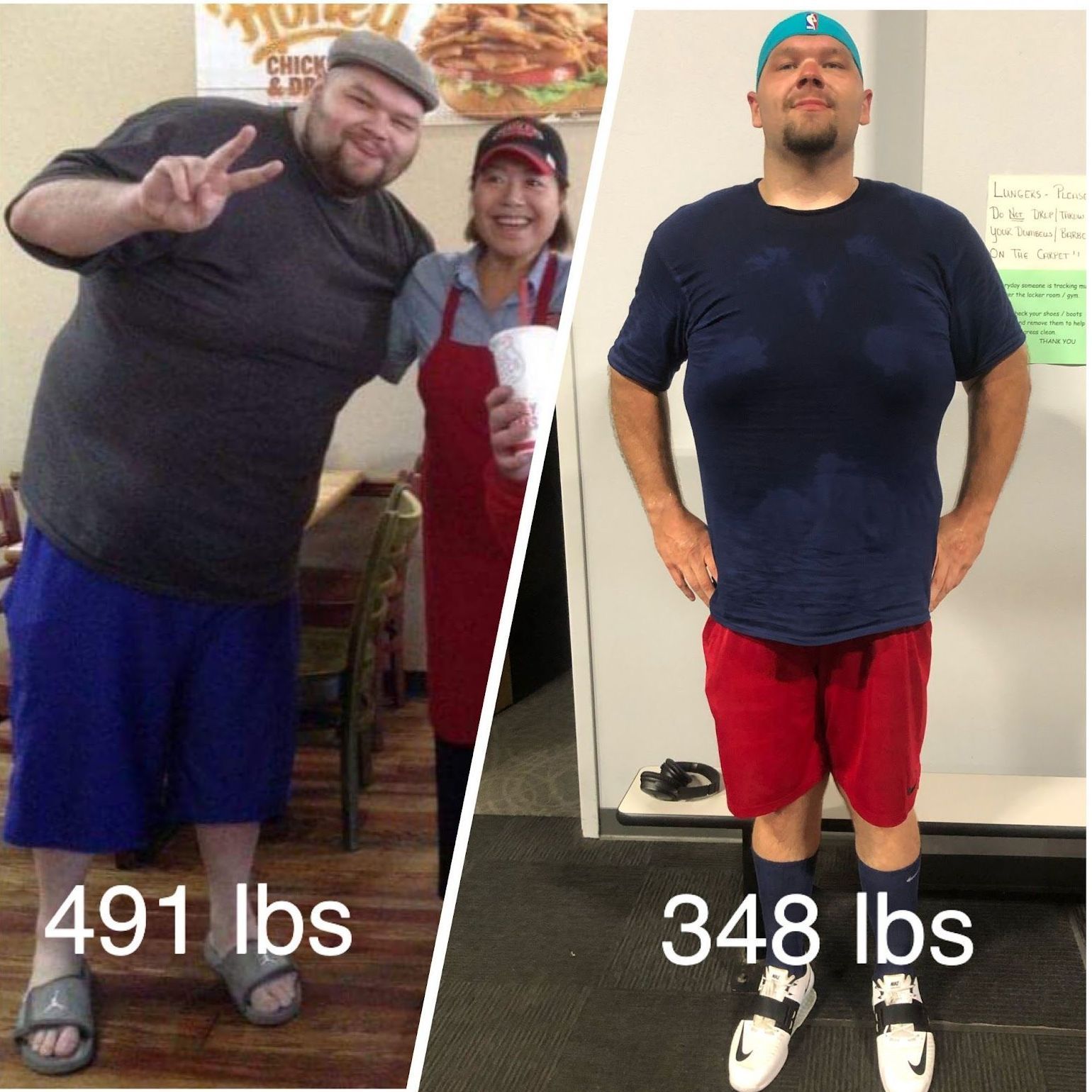 A before and after photo of a man with 491 lbs and 348 lbs