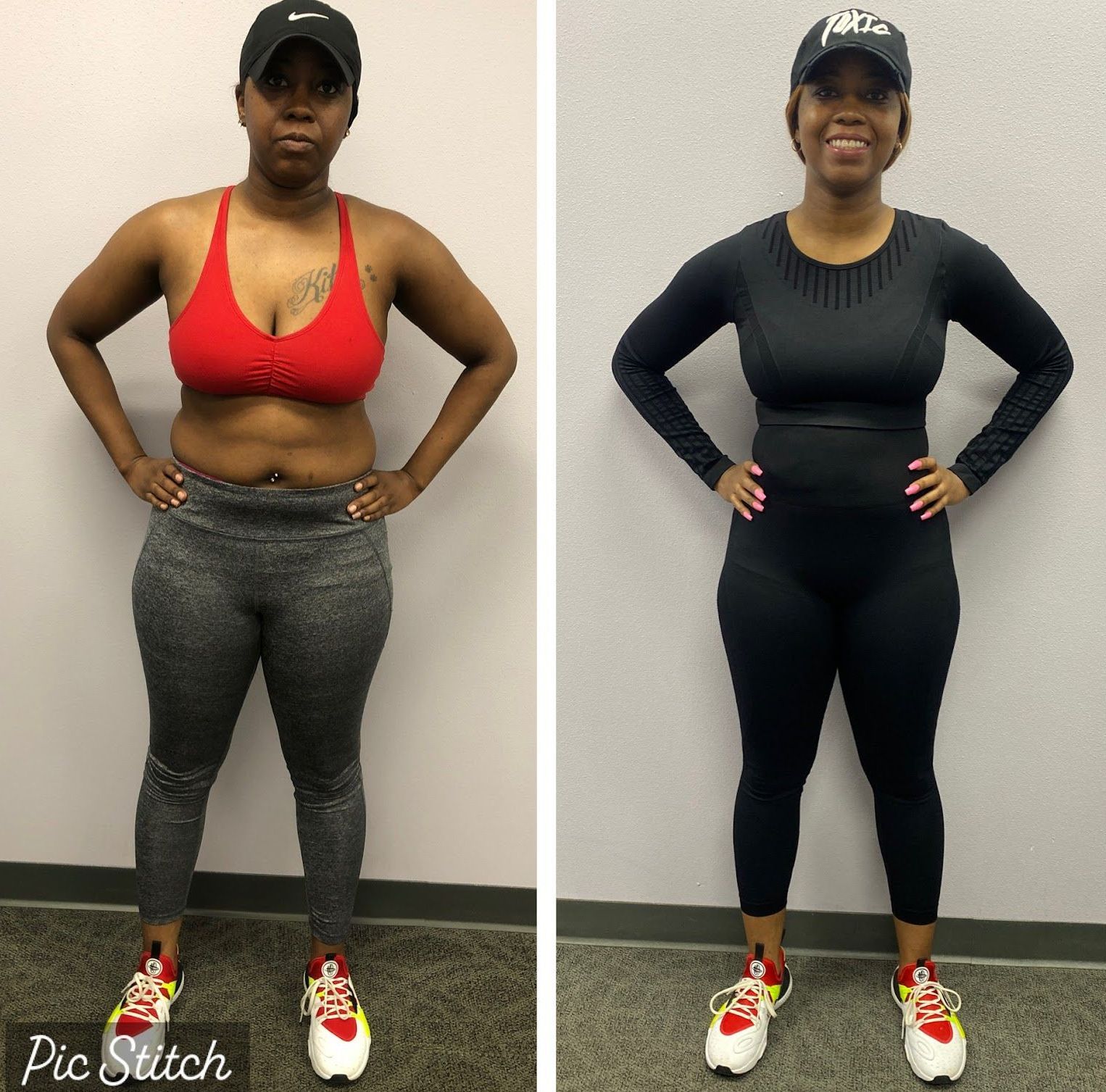A before and after photo of a woman 's weight loss
