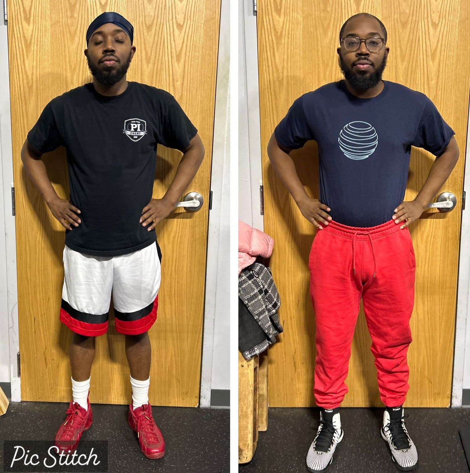 Two men are standing next to each other with their hands on their hips.