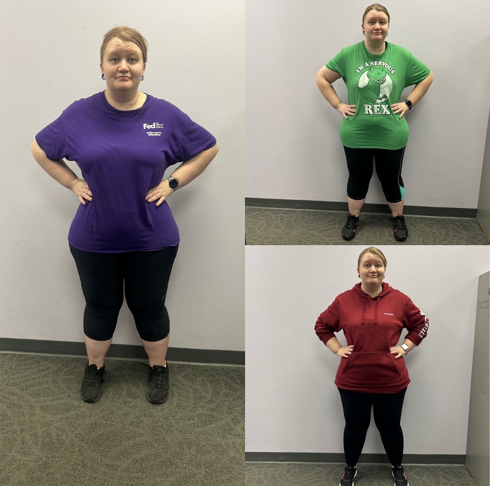 A woman wearing a purple shirt and a green shirt with the word hulk on it