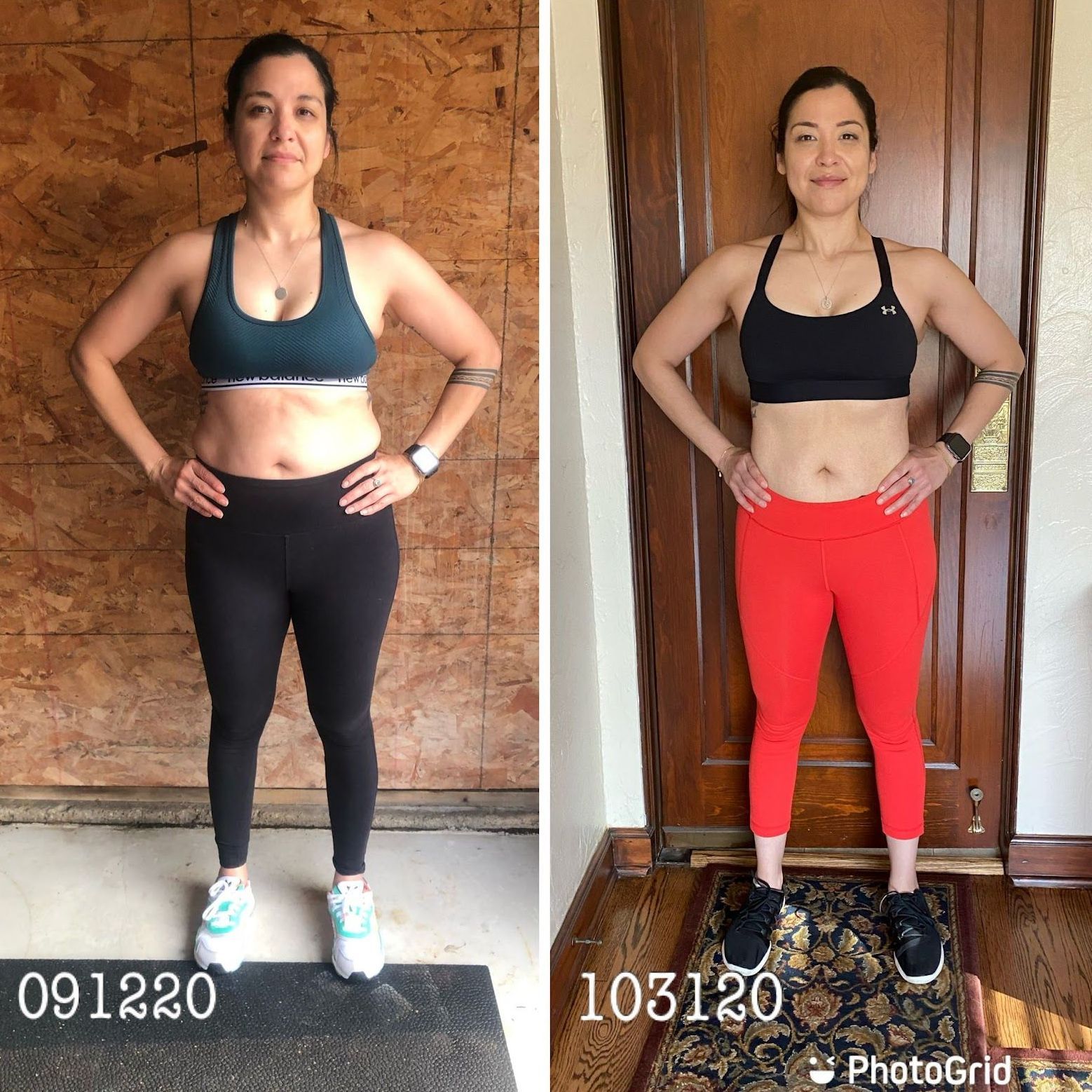 A before and after photo of a woman standing in front of a door