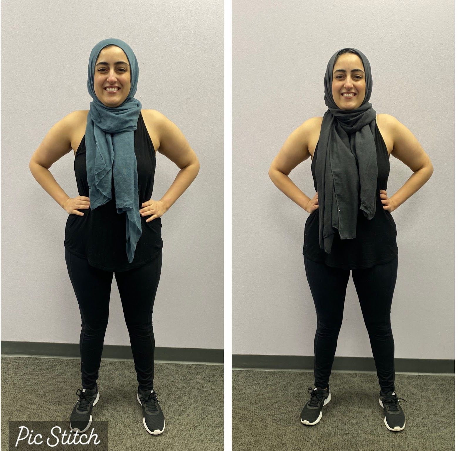 Two pictures of a woman wearing a scarf and a hijab