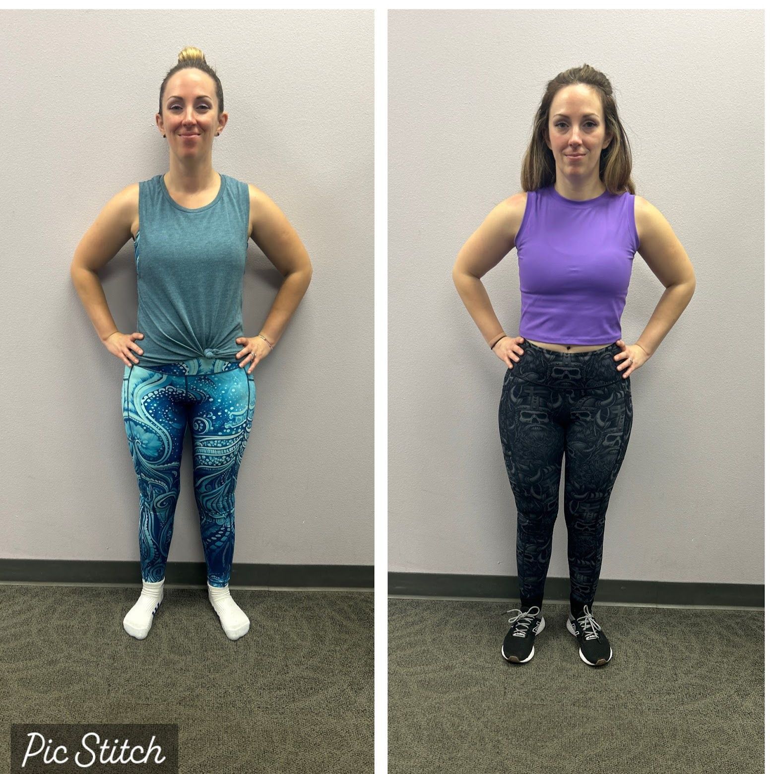 A before and after photo of a woman wearing leggings and a purple tank top.
