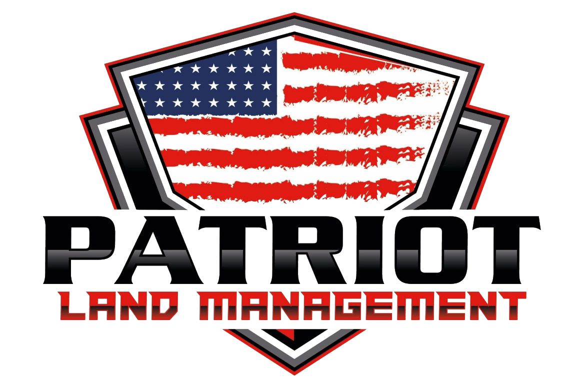 Logo for Patriot Land Management featuring a shield with the American flag and the company name.
