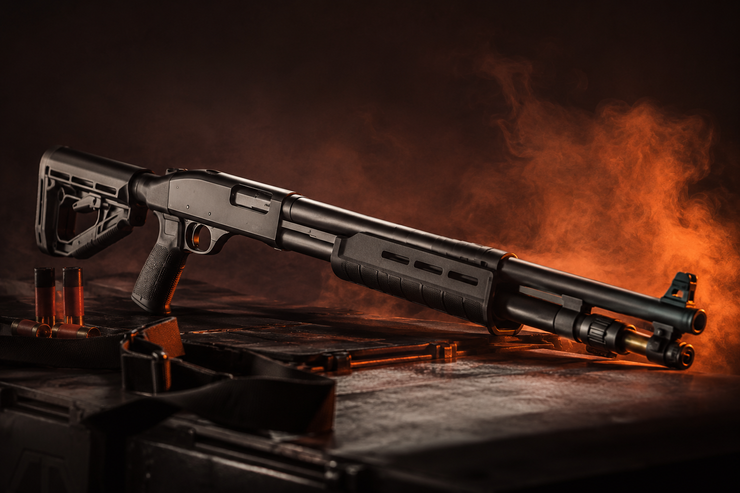 Pump-action shotgun on a dark surface with orange flames in the background