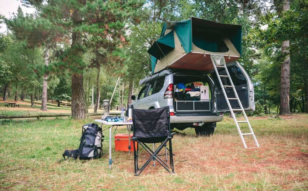 A Car With a Tent on Top of It is Parked in a Field — Westlakes 4x4 Centre in Newcastle, NSW
