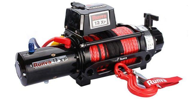 A Black and Red Winch With a Red Hook on a White Background — Westlakes 4x4 Centre In Toronto, NSW