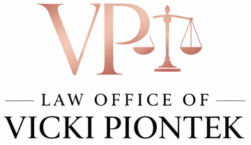 Rose gold VP initials with scales of justice icon; 