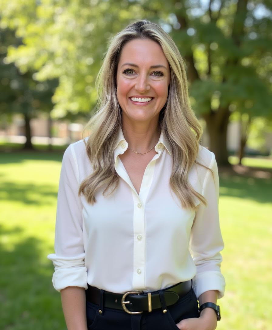 A woman in a white shirt and black jeans is smiling in a park.