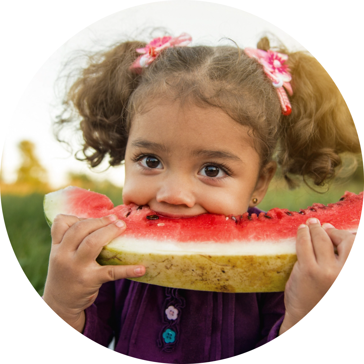 A little girl is eating a slice of watermelon