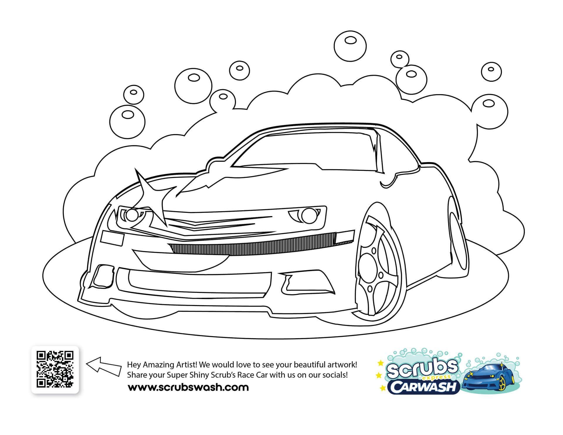 Free download and print coloring pages of Scrub's Carwash car from Scrubs Carwash. A black and white drawing of a car with bubbles around it for kids and adults to color.
