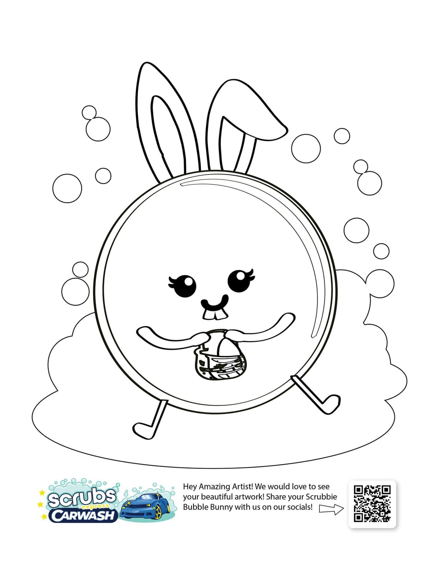free download and print coloring pages of Scrubbie Bubble from Scrubs Carwash. A black and white drawing of a soap bubble with bunny ears. Easter coloring page.