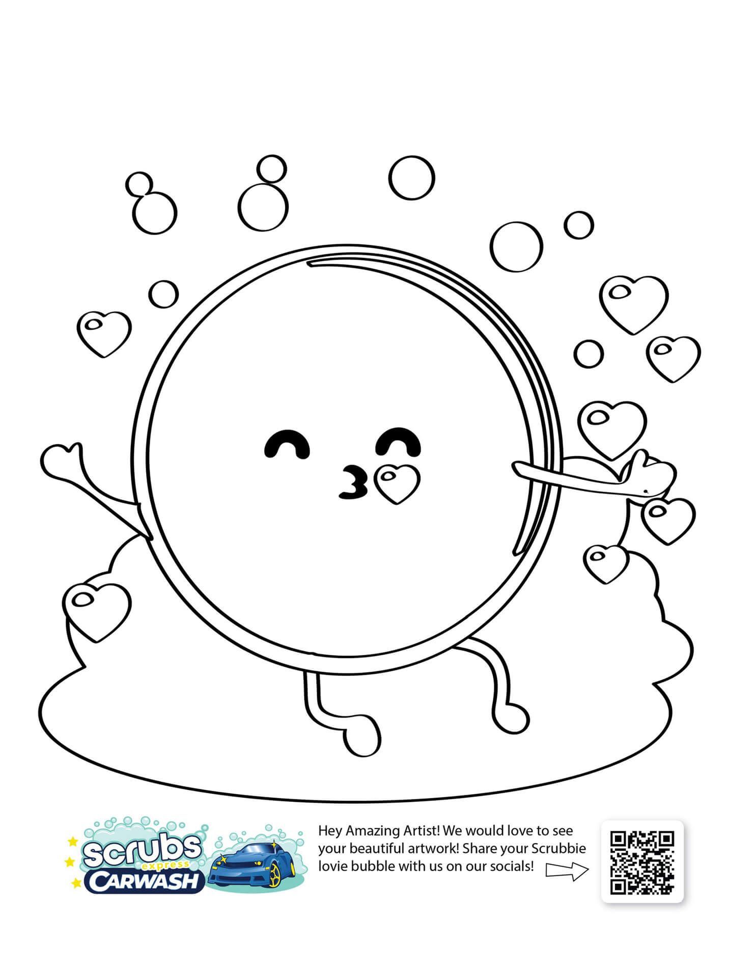 Free download and print coloring pages of Scrubbie Bubble from Scrubs Carwash. A black and white drawing of a soap bubble with hearts around it. Valentine's Day Coloring Page.
