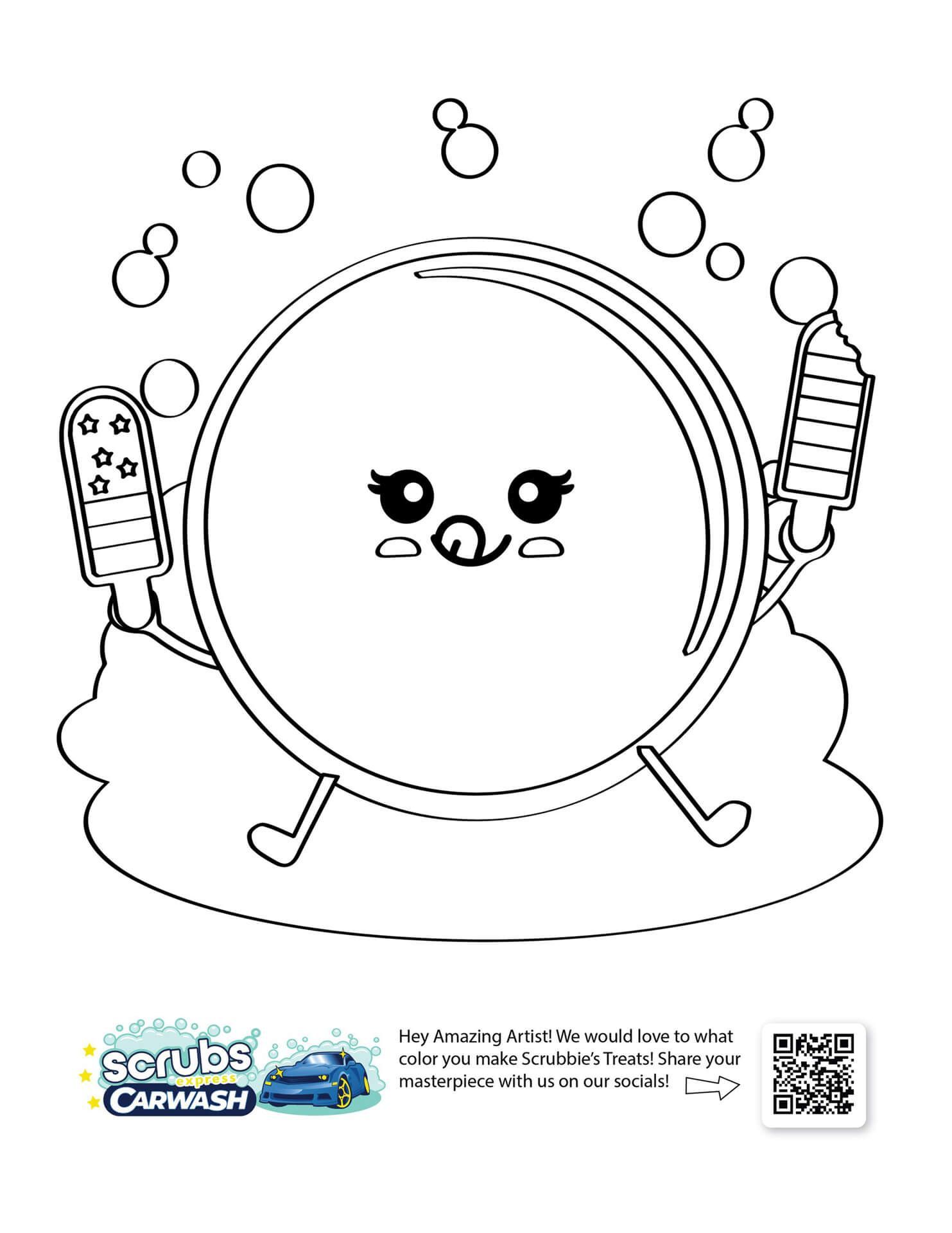 Free download and print coloring pages of Scrubbie Bubble from Scrubs Carwash. A black and white drawing of a bubble eating popsicles and ice lollies with stars and carwsh bubbles coming out of it. Memorial Day coloring page. Fourth of July coloring page.