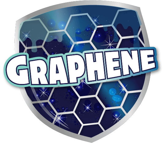 a dark blue gradient shield with a hexagonal pattern, sparkles, and the word graphene on it