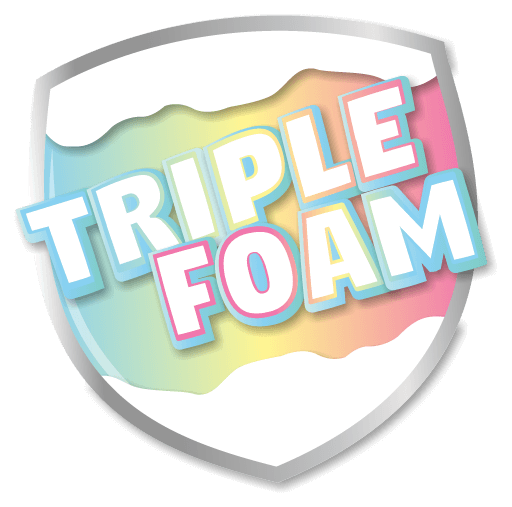 a pastel colored gradient shield with foam illustrations at the top and bottom and the words triple foam on it