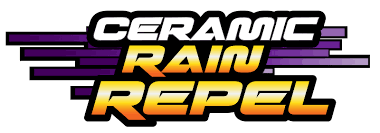 a logo for ceramic rain repel with purple gradient rectangles stretched horizontally across the background.