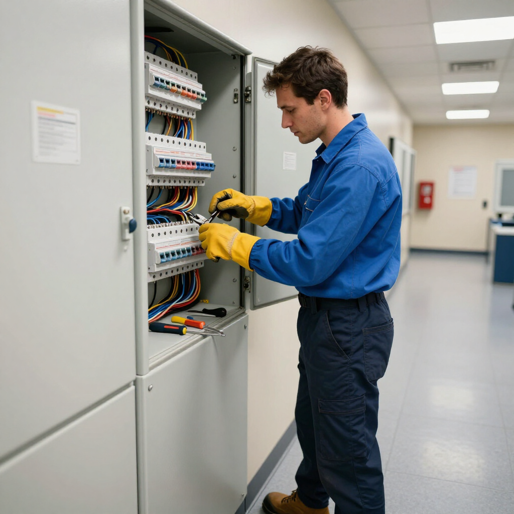Técnico con uniforme azul realizando un cableado en un armario de control eléctrico abierto en un pasillo.