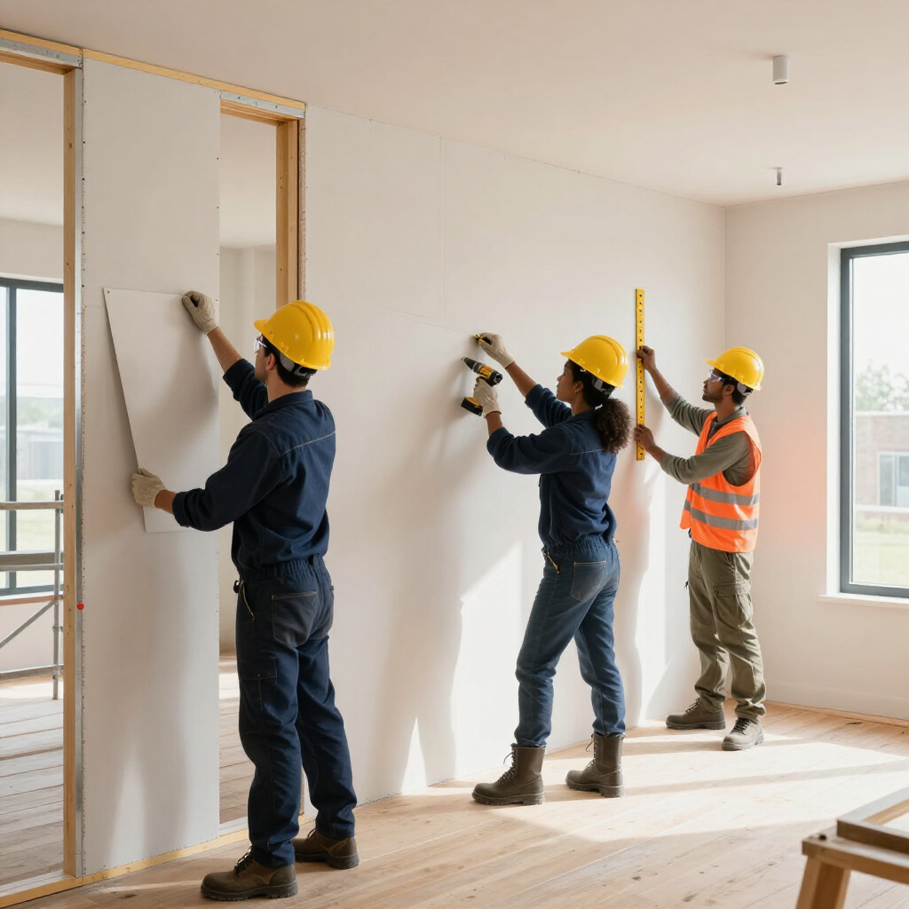 Obreros de la construcción colocando la estructura y midiendo una pared en una habitación luminosa y sin terminar.