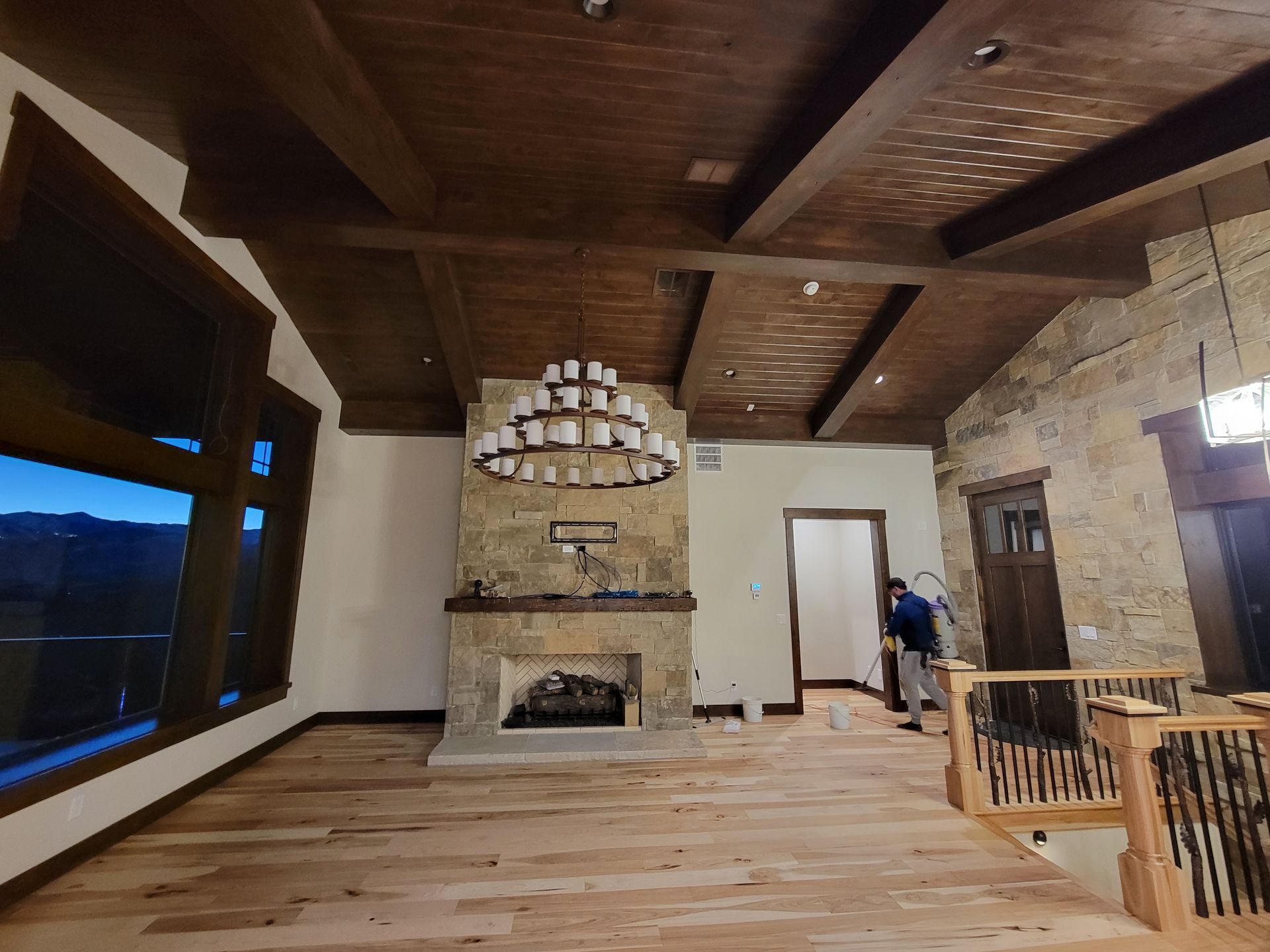 There is a fireplace in the middle of the room.