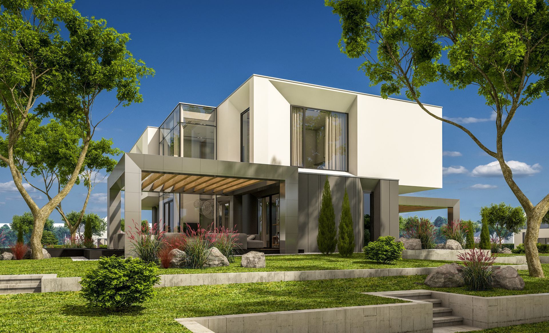 Eine künstlerische Darstellung eines modernen Hauses, umgeben von Bäumen und Gras.