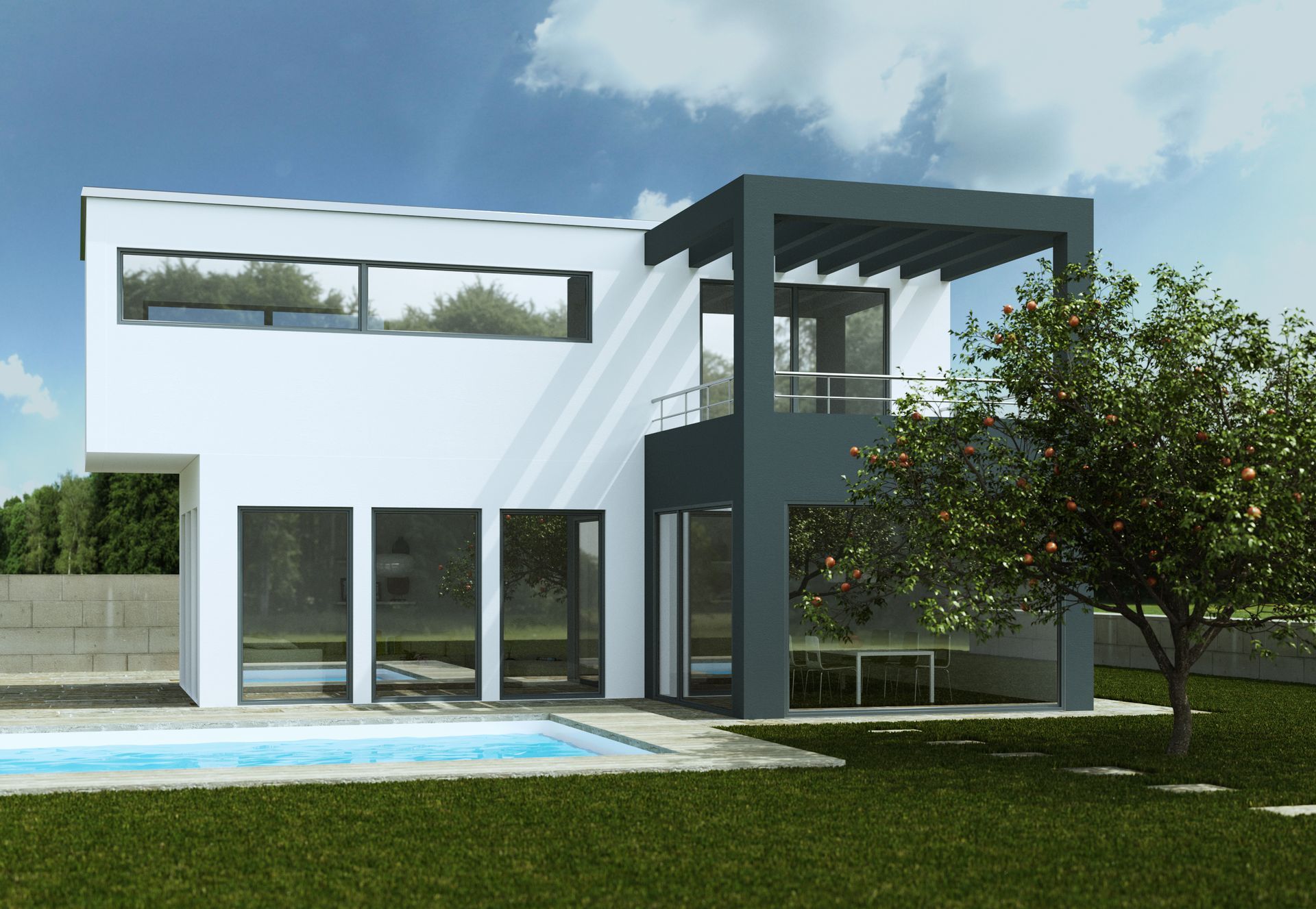 Künstlerische Darstellung eines modernen Hauses mit Swimmingpool