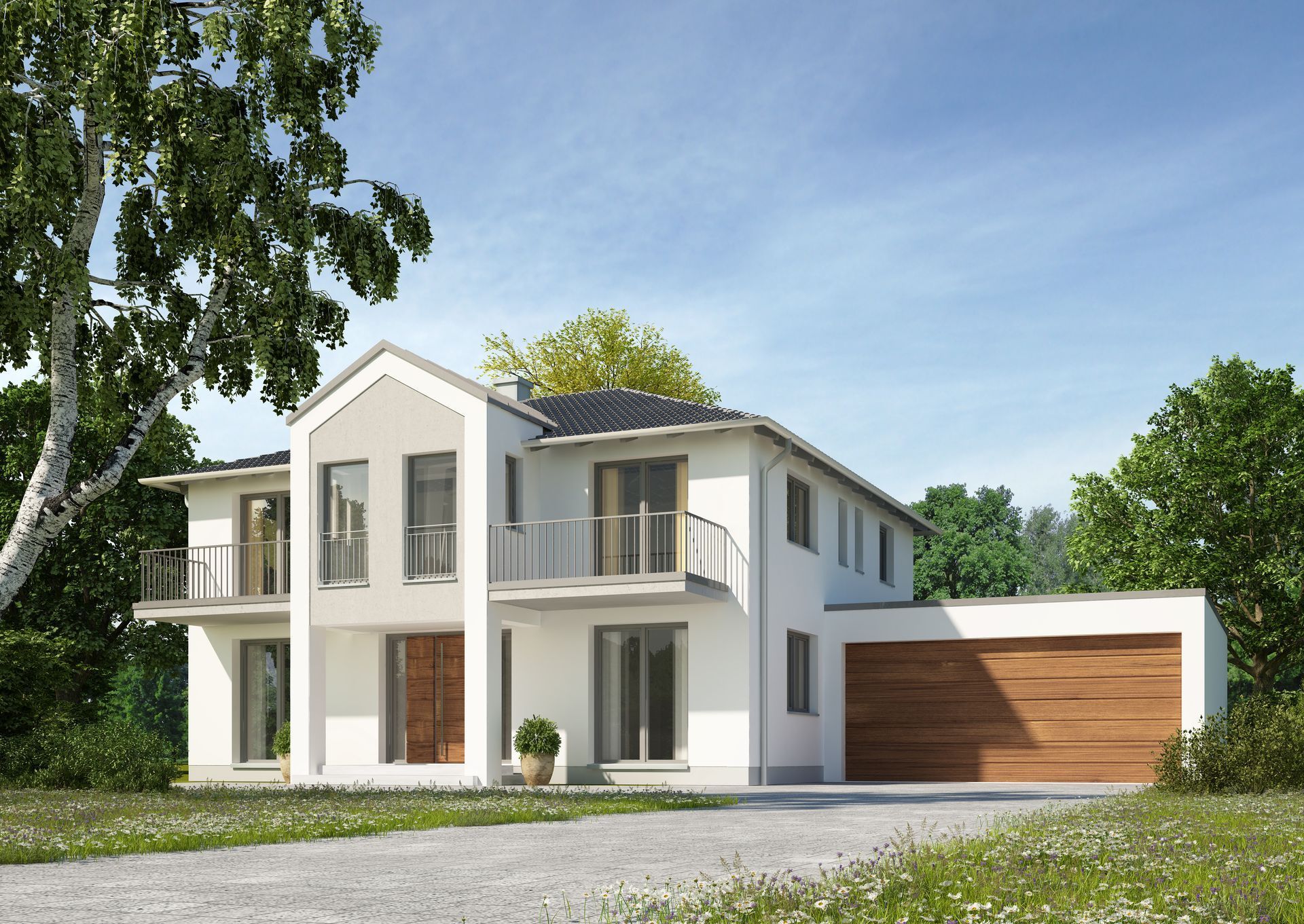 ein großes weißes Haus mit einem hölzernen Garagentor